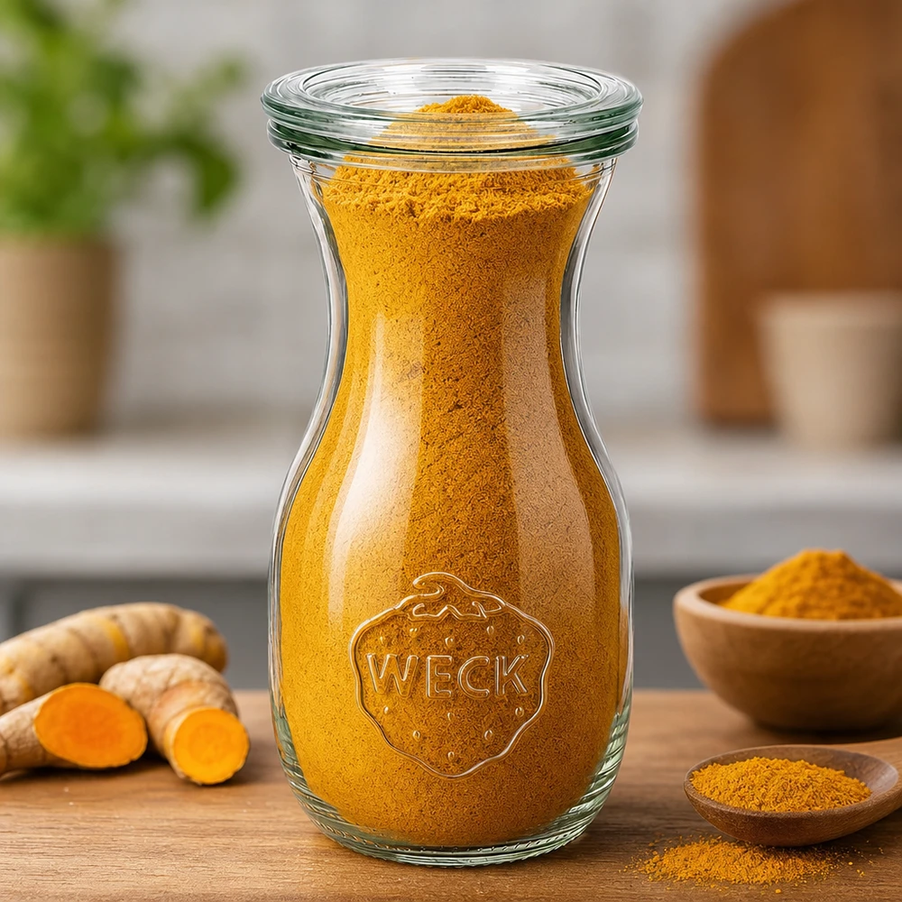 290ml láhev na šťávu WECK se skleněným víčkem RR60 WECK Saftflasche 290ml RR60 mit Kurkuma-Pulver gefüllt neben frischen Kurkuma-Wurzeln und Holzschalen auf Küchentisch