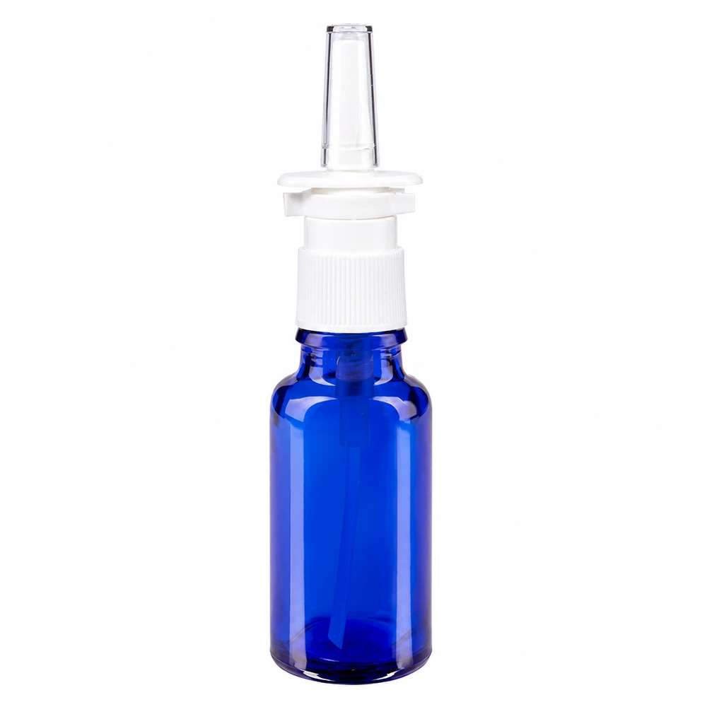 Nasensprayflasche 20ml aus blauem Schutzglas mit ergonomischem weißem Sprühaufsatz