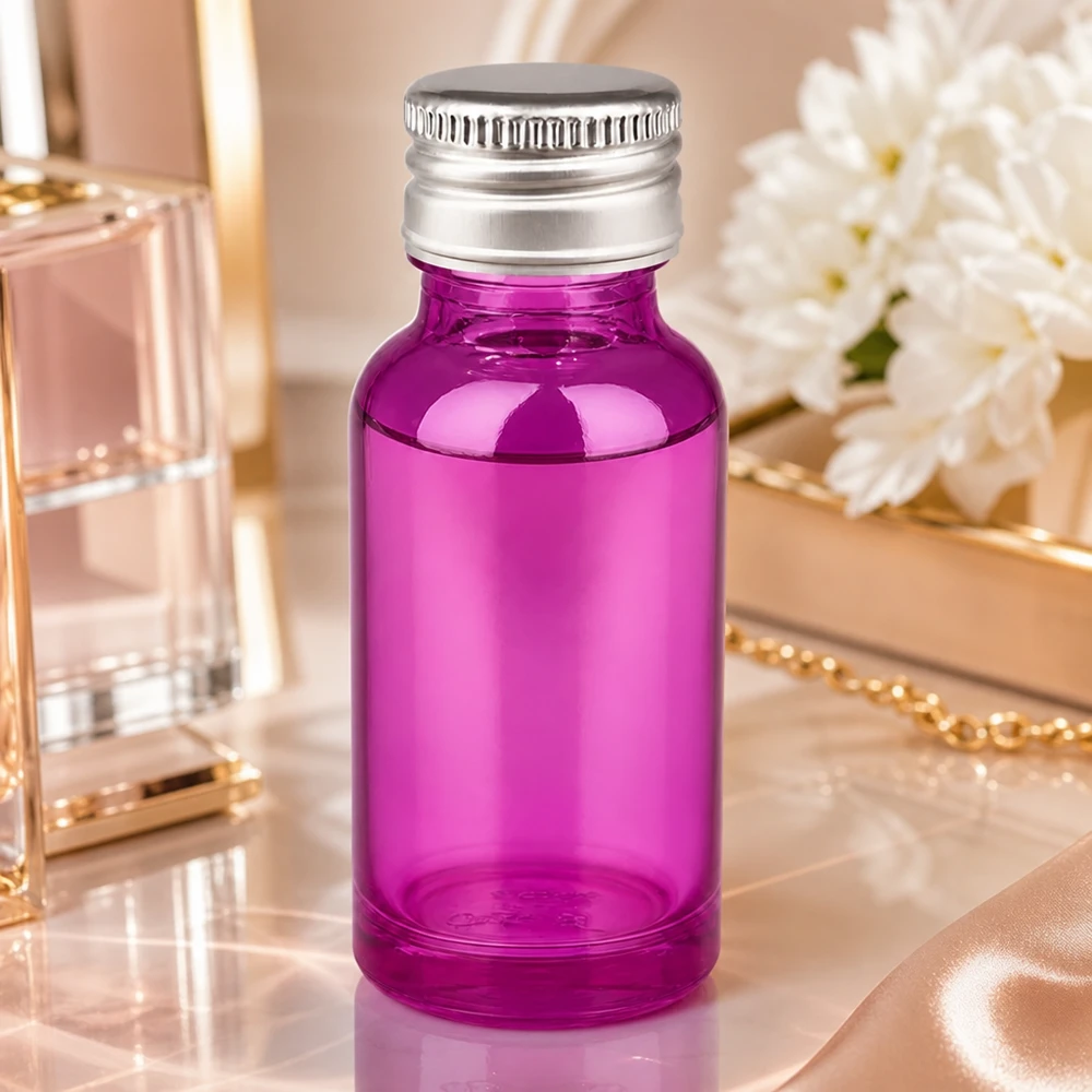Handliche 20ml Glasflasche Purple mit korrosionsbeständigem Silber-Verschluss für Langzeitlagerung