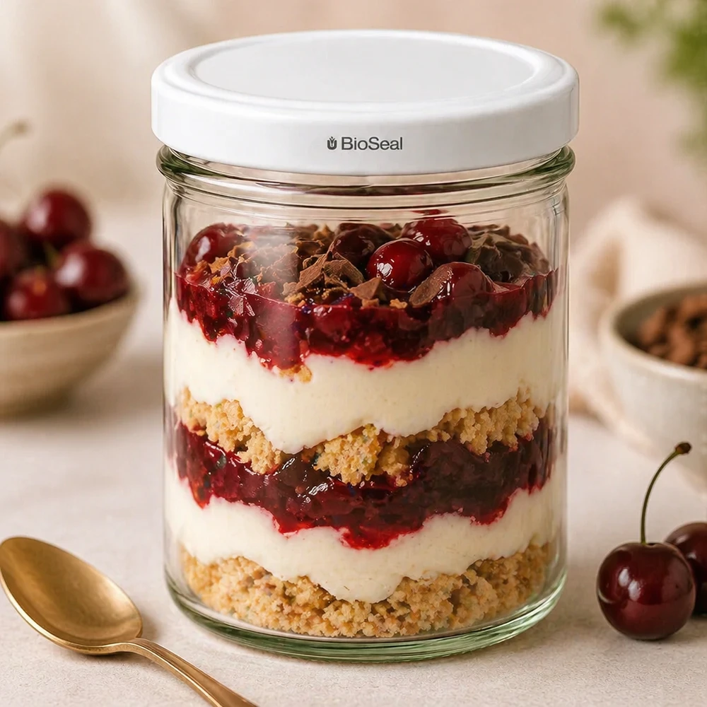 Tumbler o objemu 167 ml s bílým víčkem BioSeal UNiTWIST UNiTWIST 167ml Sturz-Glas mit BioSeal Deckel Schichtdessert Kirschkompott Crumble Dessertglas Küchenszene goldener Löffe