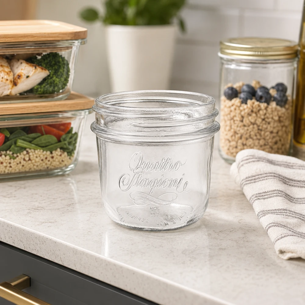 200ml kelímky "Quattro Stagioni" QS86mm. 200ml Quattro Stagioni Einmachglas mit elegantem Design für Küche Vorratshaltung und Dekoration auf Marmor Arbeitsplatte