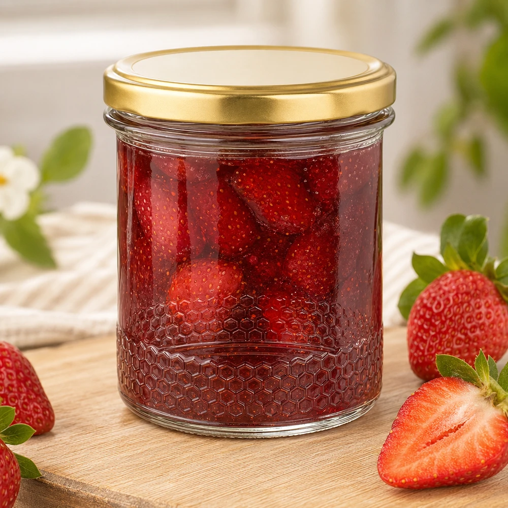 560g Honigglas + BasicSeal Deckel gold UNiTWIST 400ml Honigglas mit BasicSeal Deckel gold UNiTWIST als Marmeladenglas für Erdbeerkonfitüre mit frischen Erdbeeren
