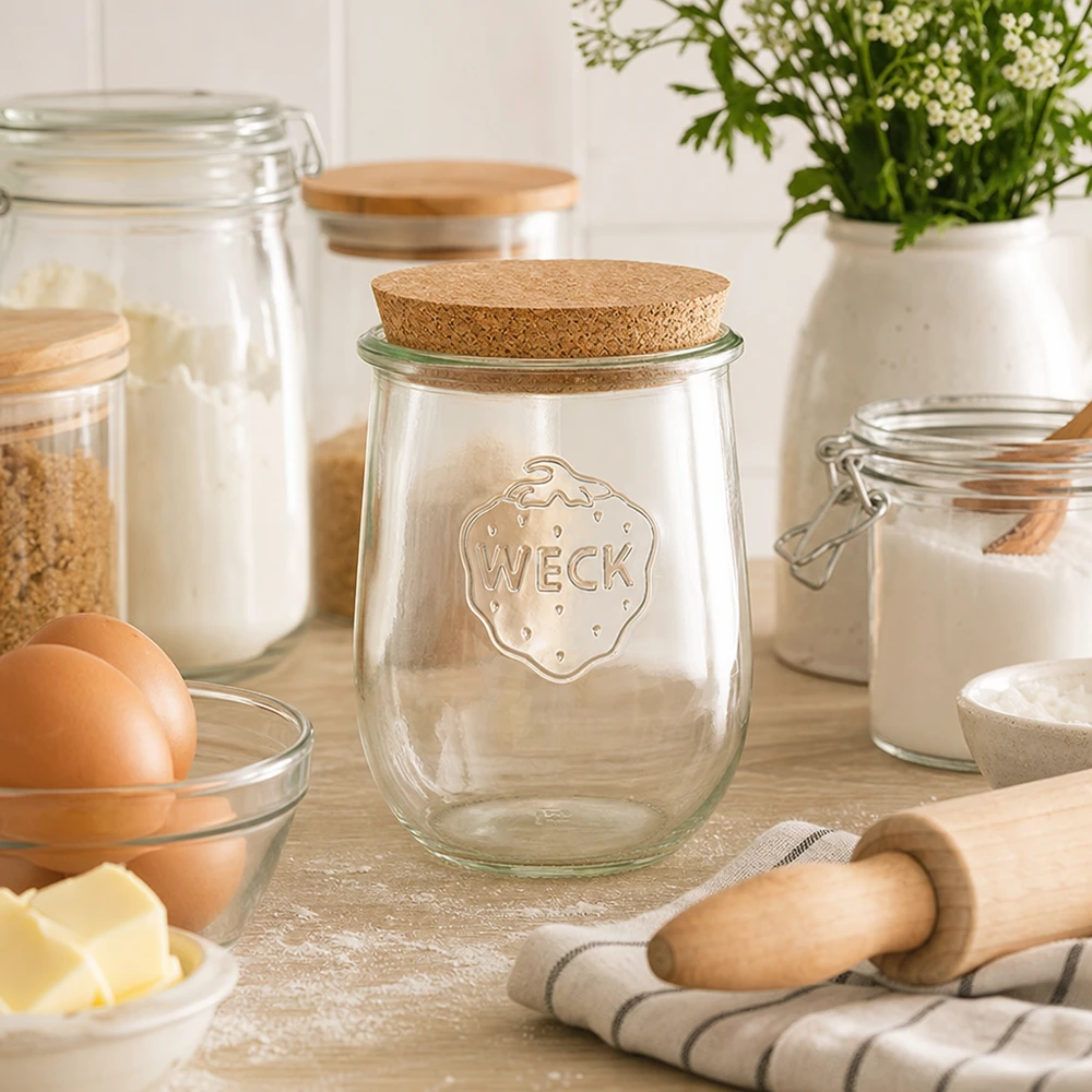 1062ml tulipánová sklenice WECK RR100 s korkem přírodní WECK Tulpenglas RR100 1062ml mit Korken in gemütlicher Backküche neben Mehl Eiern und Backzutaten Vorratshaltung
