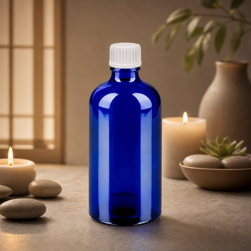 100ml lahvička s kapátkem 0,9 mm bílá standardní uzávěr BlueLine UT18/100 Laborqualität Blauglasflasche 100ml mit tropfgenauem 0,9mm Verschluss für sterile Lösungen