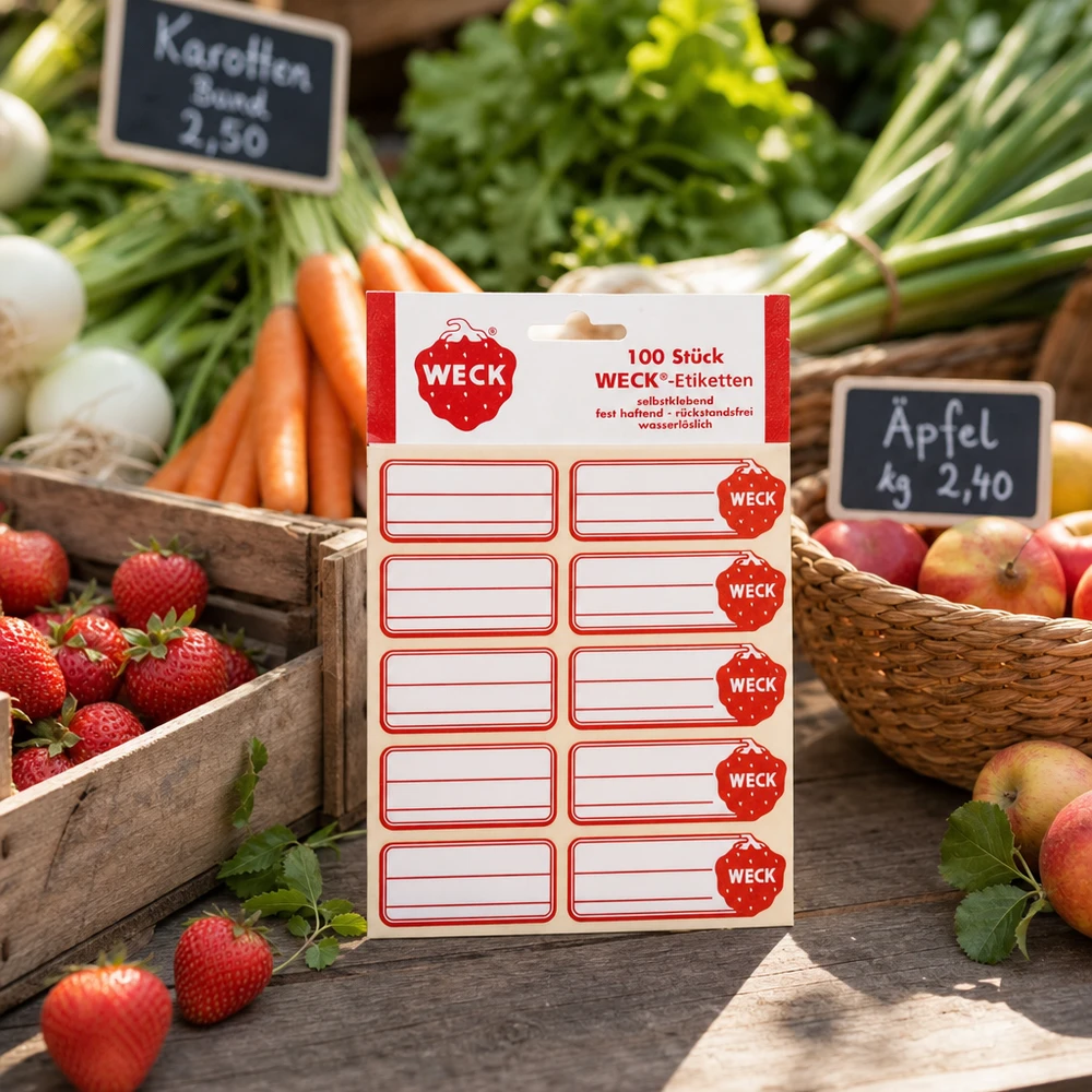 Etikety WECK 19x13 mm (balení po 100 kusech) WECK Etiketten 100 Stück Packung im Marktstand zwischen frischem Obst Gemüse Karotten Erdbeeren Äpfeln