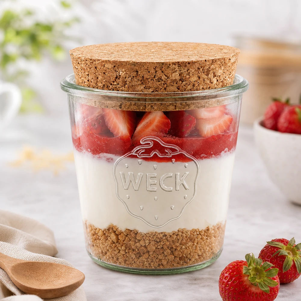 Sklenice o objemu 580 ml WECK RR100 s korkovou zátkou přírodní WECK Glas 580ml RR100 mit Korken als Dessertglas für Erdbeeren Joghurt Müsli stylisch arrangiert auf weißem Tisch
