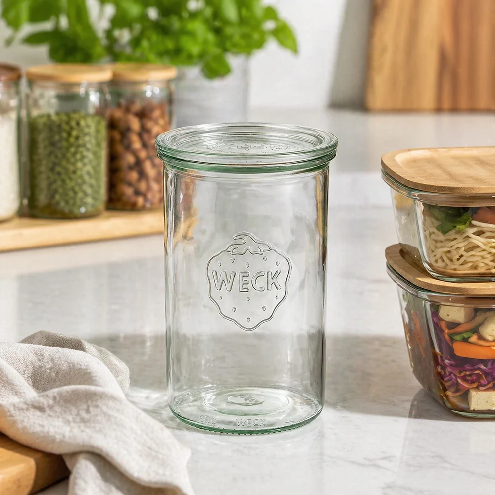 1000ml tumblery se skleněným víčkem WECK RR100 WECK Einmachglas 1000ml RR100 leer auf Küchenarbeitsplatte zwischen Vorratsgläsern mit Nüssen und Gewürzen
