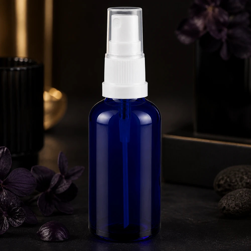 50ml lahvička s rozprašovačem bílá/transparentní standardní uzávěr BlueLine UT18/50 Vielseitige blaue Glasflasche 50ml mit Sprühaufsatz für DIY-Kosmetik und Aromamischungen