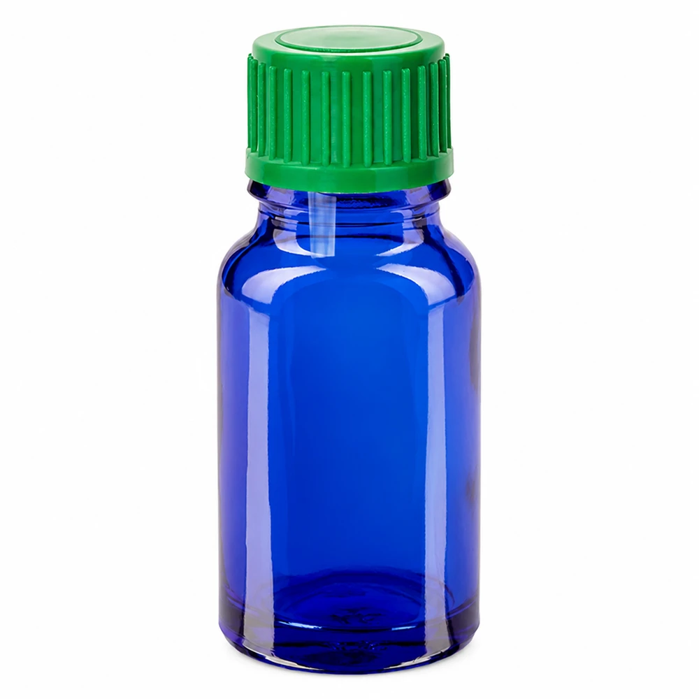 10ml lahvička s kapátkem 0,8 mm zelená standardní uzávěr BlueLine UT18/10 Kompakte blaue Tropfflasche 10ml mit grünem Verschluss für Aromatherapie und Kosmetik