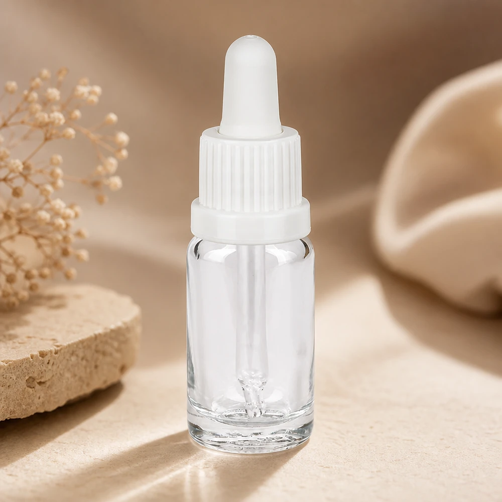 Miniaturflasche 10ml Klarglas ClearLine mit weißem Tropfer auf hellem Untergrund