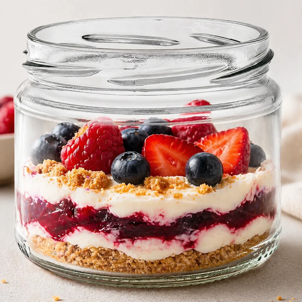 Kulatá sklenice o objemu 330 ml bez víčka (TO82) UNiTWIST UNiTWIST Runda330 Rundglas mit buntem Beerendessert Schichtdessert Trifle Beeren Sahne Keksboden gefüllt