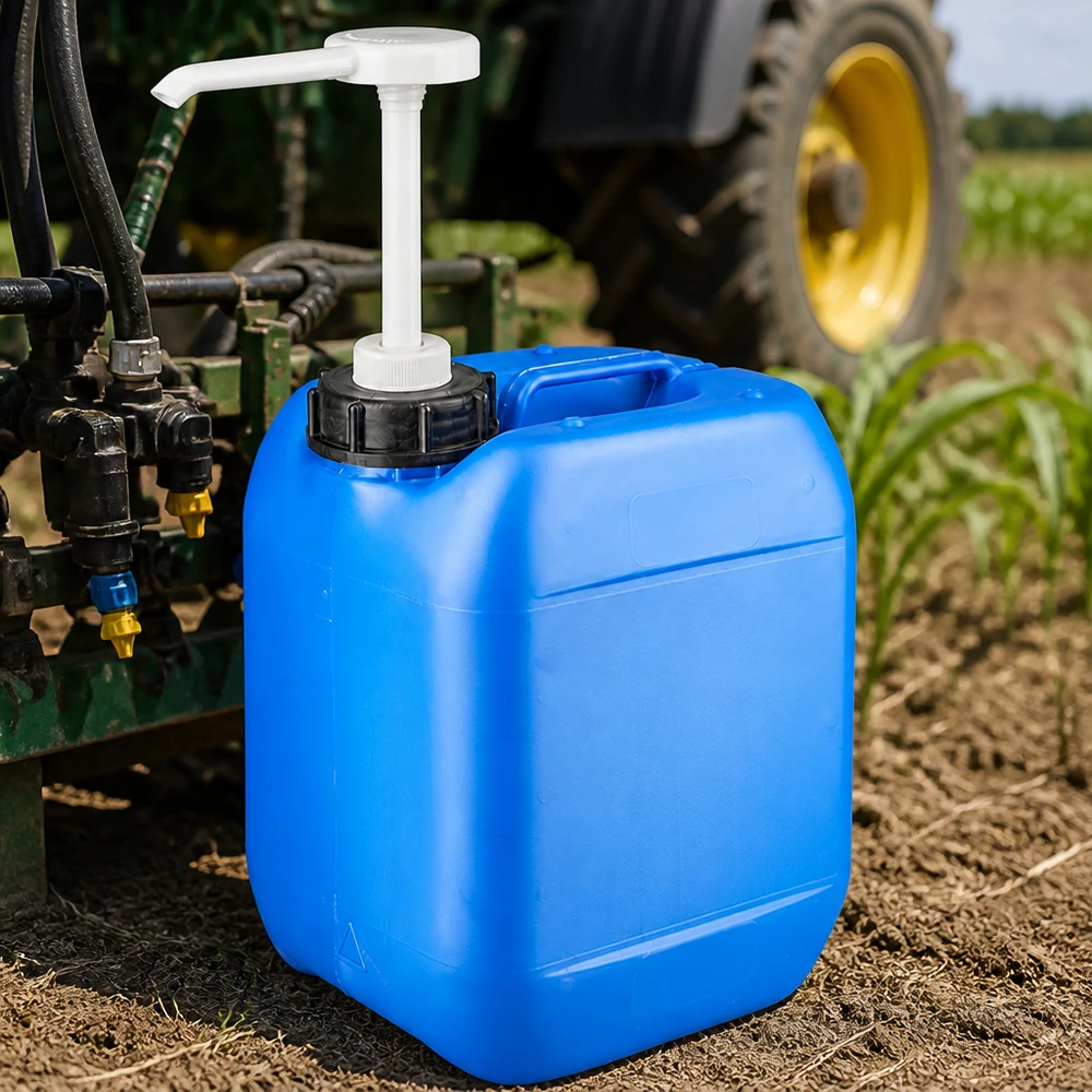 Kanystr 5 litrů modrý s dávkovacím čerpadlem Kanister 5 Liter mit schwarzem Schraubverschluss und Pumpe bei landwirtschaftlicher Maschine