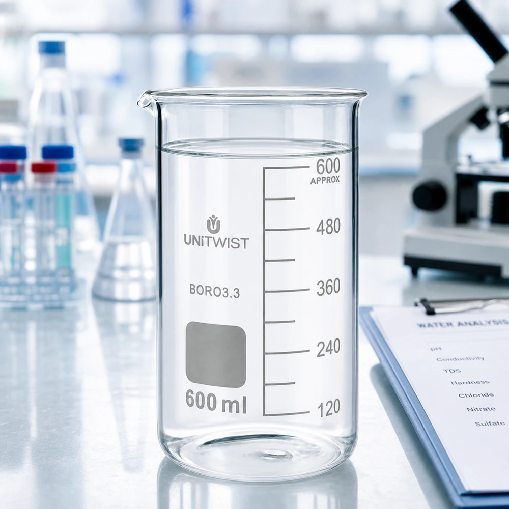 Kádinka 600 ml borosilikátová, vysoká forma UNiTWIST Becherglas 600ml hohe Form aus BORO3.3 Borosilikatglas von UNITWIST für chemische Analysen