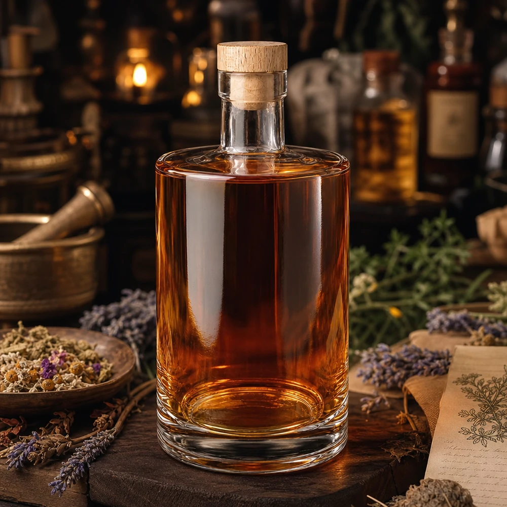 700ml Glasflasche Marie mit Holzkorken und braunem Inhalt zwischen getrockneten Kräutern und Lavendel arrangiert