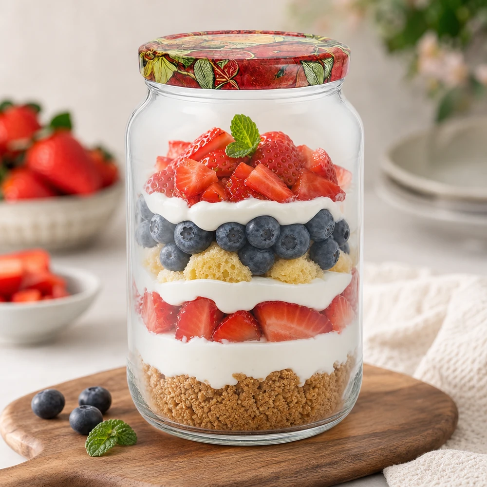 1062ml kulatá sklenice + víčko BasicSeal s dekorem ovoce UNiTWIST 1062ml Rundglas BasicSeal Deckel Obst-Dekor Schichtdessert Beeren Sahne Keksboden Trifle Nachtisch Mason Jar