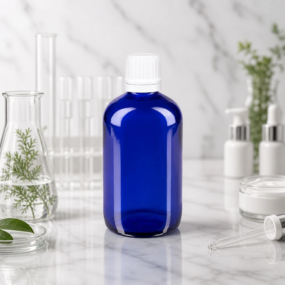 Lékárenská láhev modrá 100ml se šroubovacím uzávěrem bílá s uzávěrem proti neoprávněné manipulaci. Pharmazeutische 100ml Blauglasflasche mit OV-Verschluss weiß zwischen Laborgeräten und Naturpflanzen