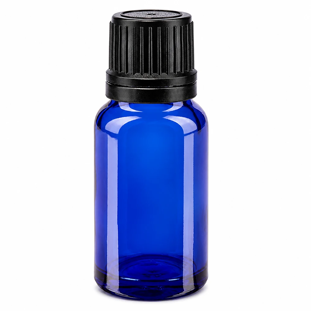 Apothekerflasche 10ml aus blauem Schutzglas mit schwarzem Sicherheitsverschluss 8mm Gewinde