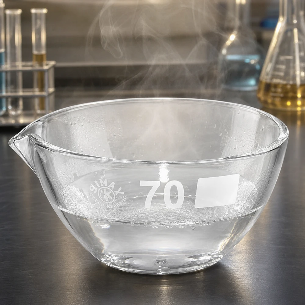 60ml odpařovací miska s výlevkou borosilikátová ø70mm Chemieresistente Abdampfschale 60ml aus Borosilikatglas mit ergonomischem Ausguss für Labore