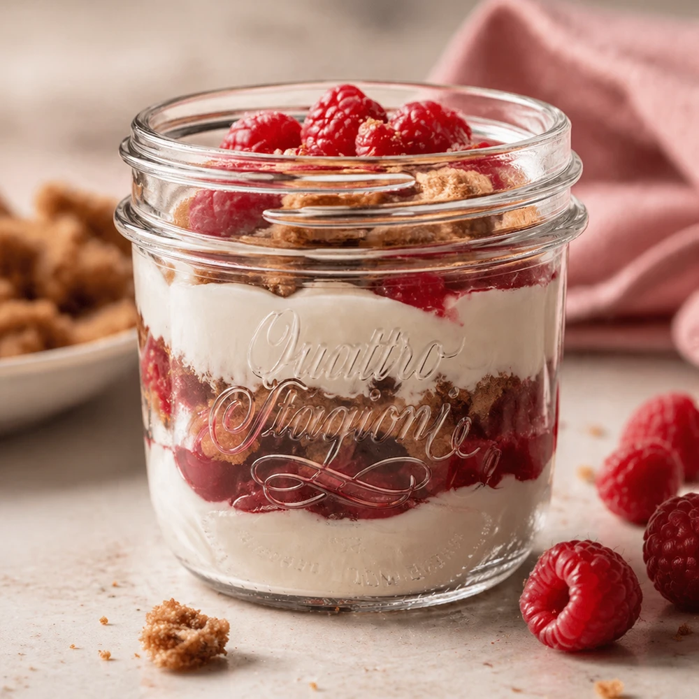 200ml kelímky "Quattro Stagioni" QS86mm. 200ml Quattro Stagioni Schmuckglas mit Dessert gefüllt, Himbeeren und Kekse, transparentes Einmachglas für Küche