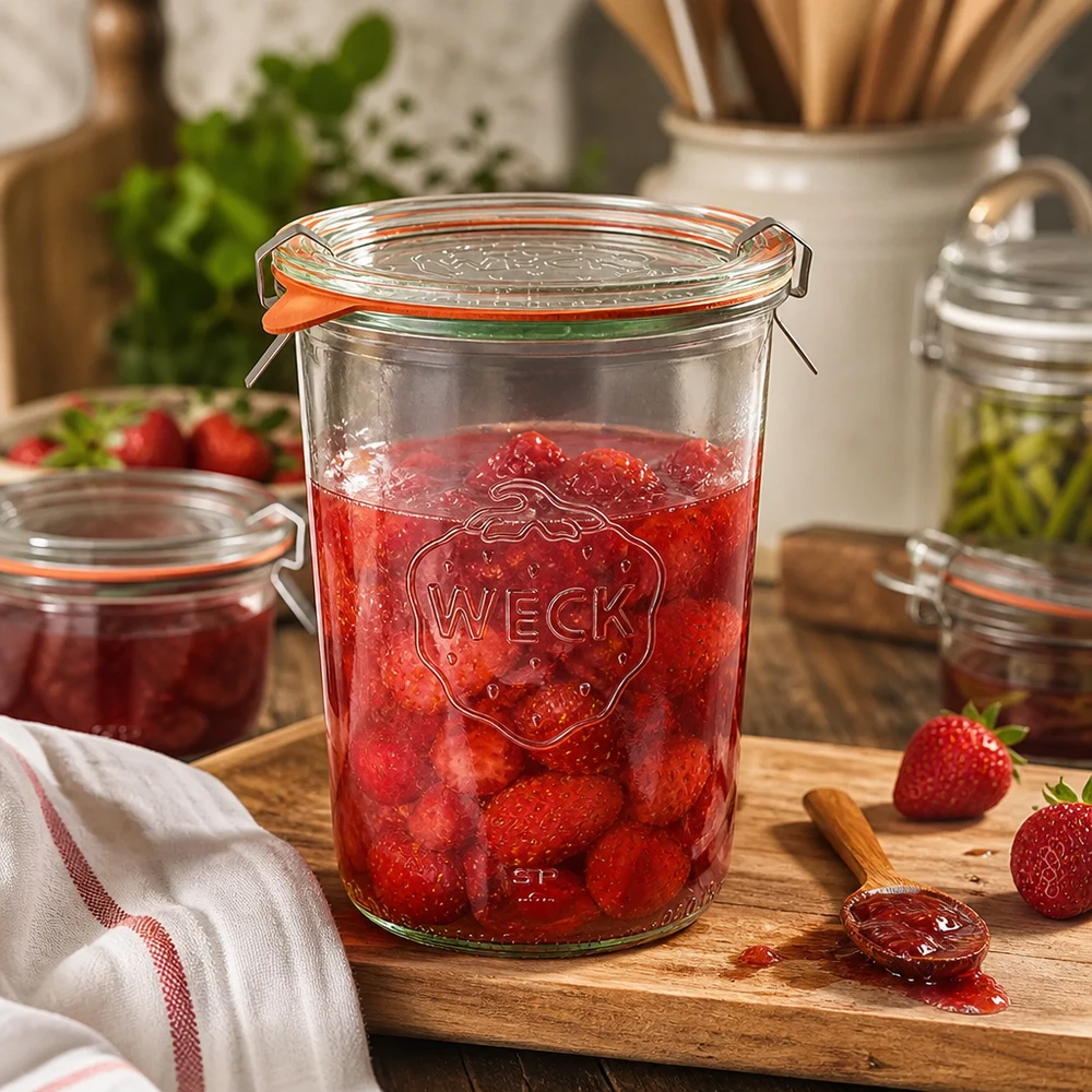 WECK 850ml Einmachglas mit Erdbeermarmelade befüllt auf Holzbrett in rustikaler Küche mit frischen Erdbeeren