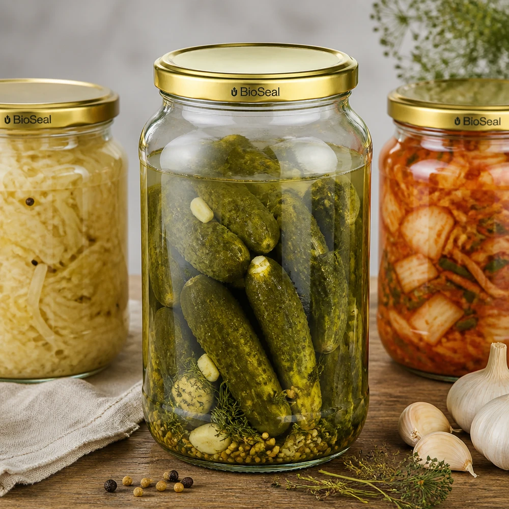 Kulatá nádoba o objemu 1062 ml se zlatým víčkem UNiTWIST BioSeal. UNiTWIST Runda1062 Einmachgläser Set eingelegte Gurken Kimchi TO82 BioSeal Deckel fermentierte Lebensmittel