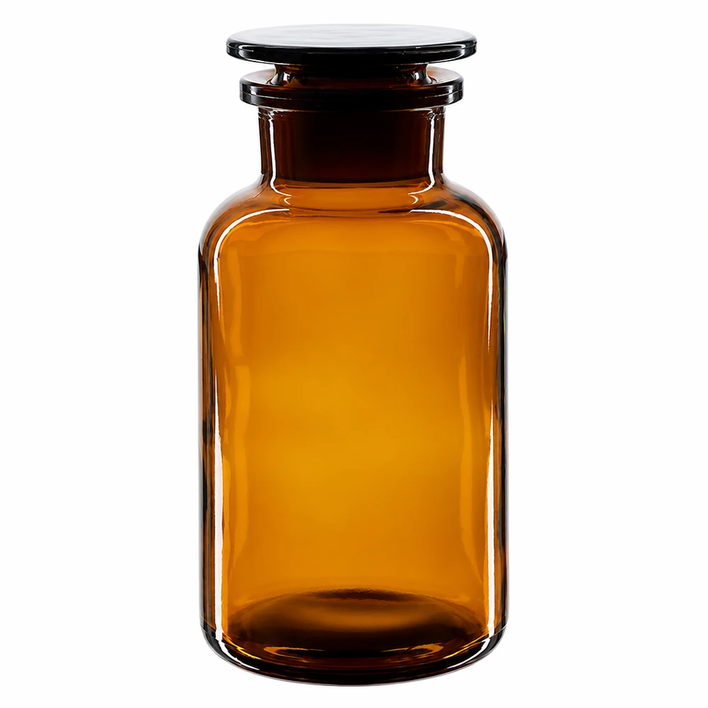 Láhev s kulatým ramenem 500ml hnědá skleněná zátka se širokým hrdlem. Braune Glasflasche 500ml mit breitem Hals und Glasstopfen für UV-empfindliche Substanzen