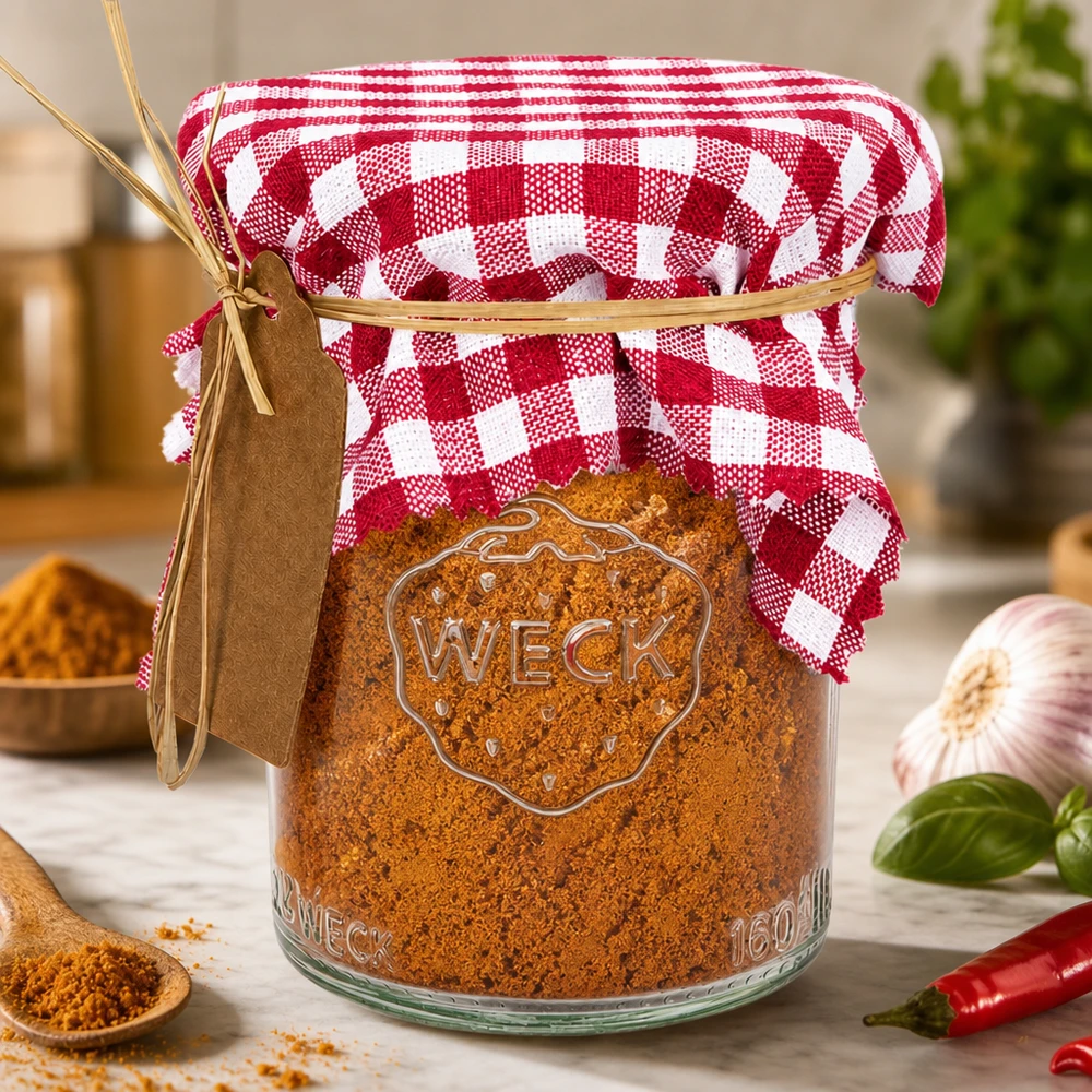 Látkový kryt na šperky bordó kostkovaný 12cm čtvercový Bordeaux-kariertes Schmuckdeckchen 12cm eckig auf WECK-Gewürzglas mit Paprika und Kräutern in Landhaus-Küche