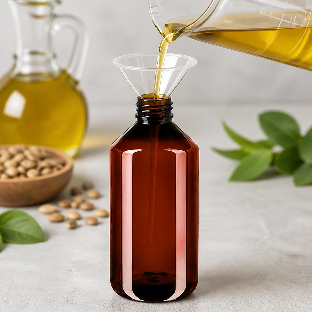 Hnědá PET láhev o objemu 750 ml se zeleným uzávěrem při plnění žlutého oleje pomocí trychtýře