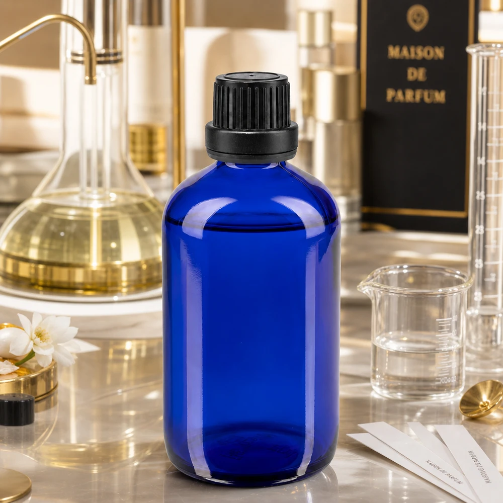 Lékárenská láhev modrá 100ml šroubovací uzávěr černý tamper evident uzávěr. Apothekerflasche 100ml in Blau mit 11mm Sicherheitsverschluss für Duftöle und Parfümherstellung