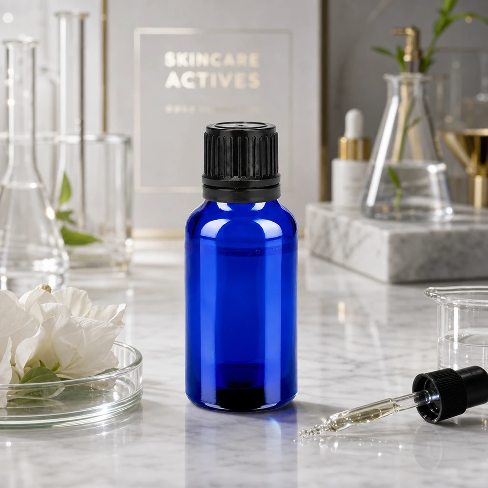 Robuste Kobaltblaue 20ml Flasche mit schwarzem Verschluss für langlebige Produktaufbewahrung
