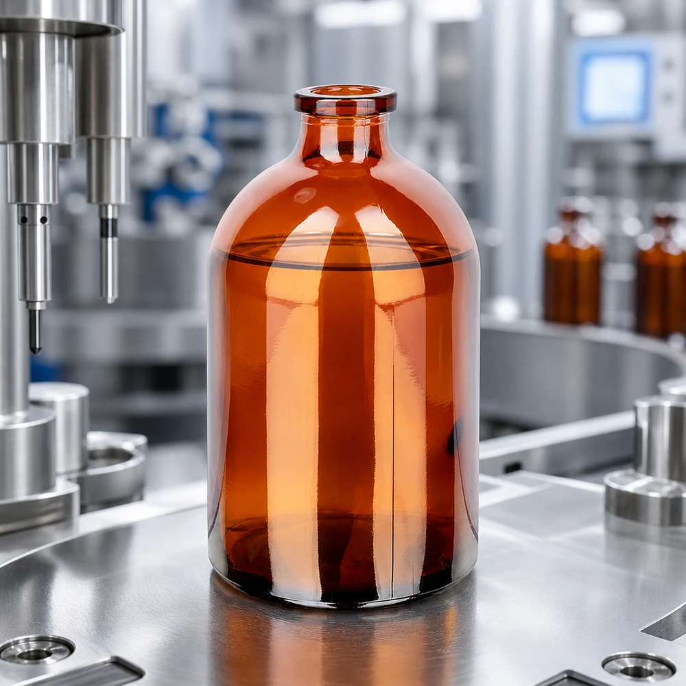 Injekční lahvička z jantarového skla 100ml Sterile Injektionsflasche 100ml aus Braunglas auf Edelstahlunterlage neben Abfüllnadel