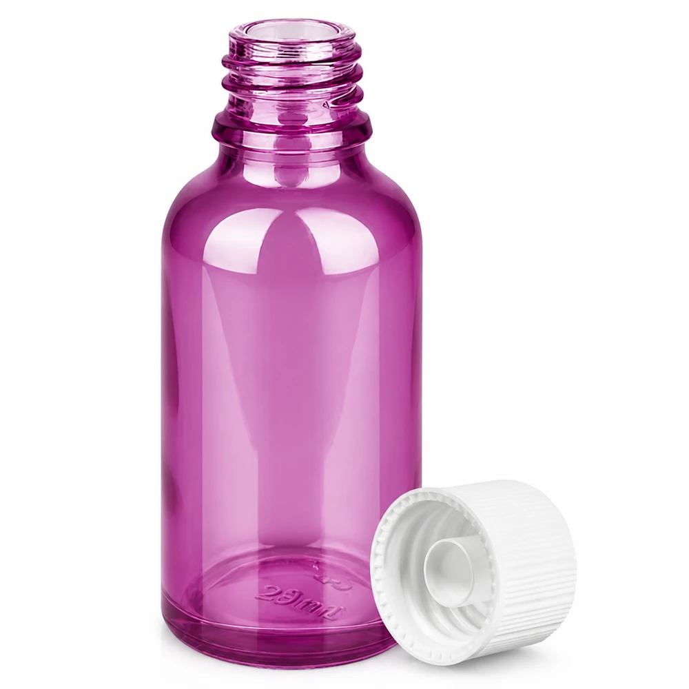Elegante lila Glasflasche 30ml mit praktischem weißen Drehverschluss