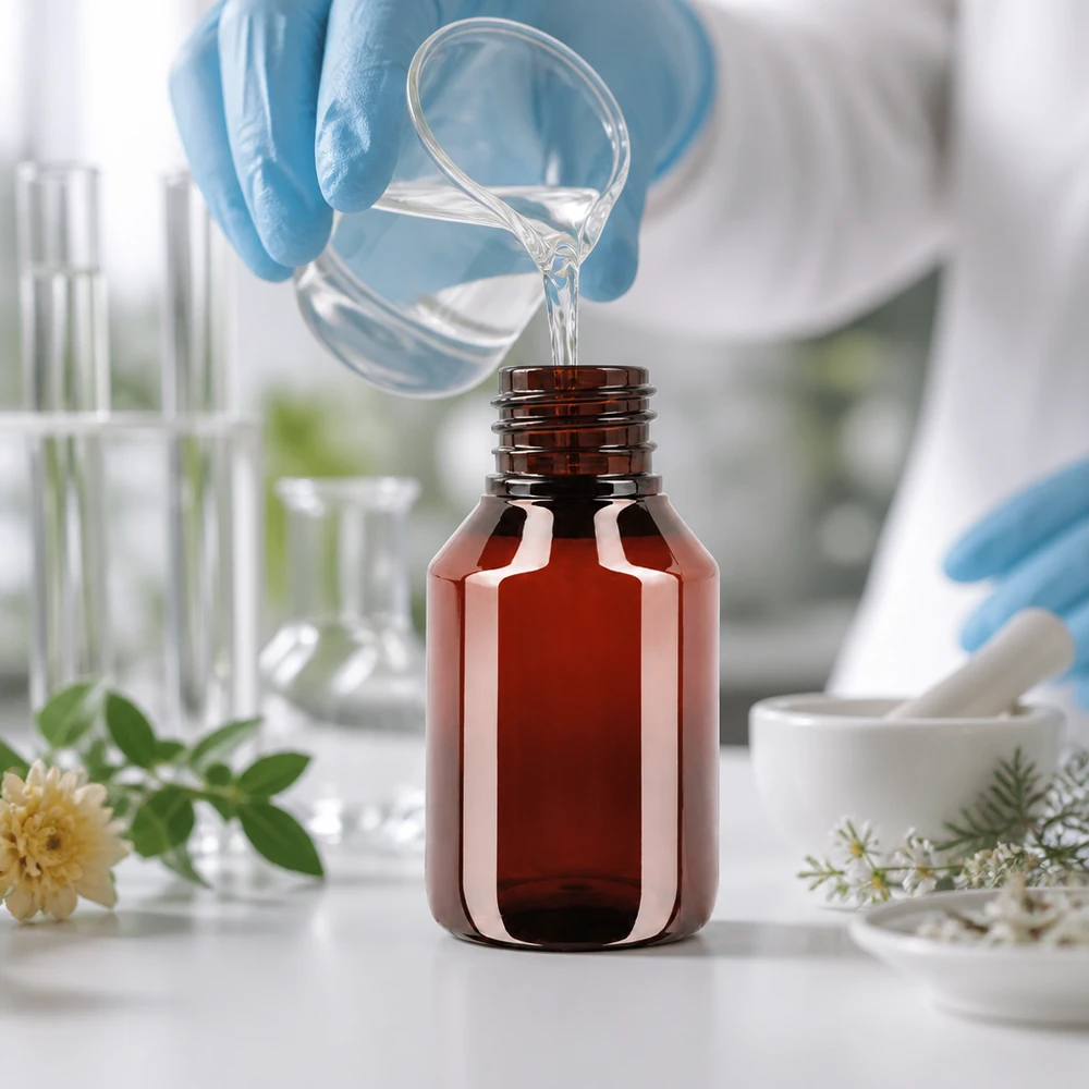PET láhev 50ml se standardním bílým uzávěrem s ochranou proti manipulaci. Hnědá PET láhev o objemu 50 ml s originálním obalem v laboratoři při plnění tekutinou