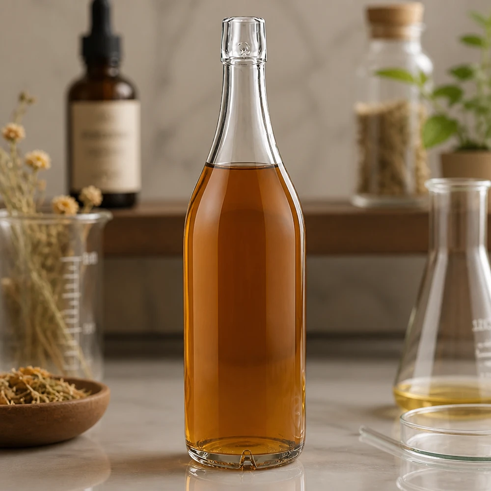 Skleněná láhev o objemu 1000 ml bez otočného víčka UNiTWIST Glasflasche 1000ml UNiTWIST mit bernsteinfarbenem Inhalt in natürlicher Küchenumgebung mit Kräutern und Flaschen