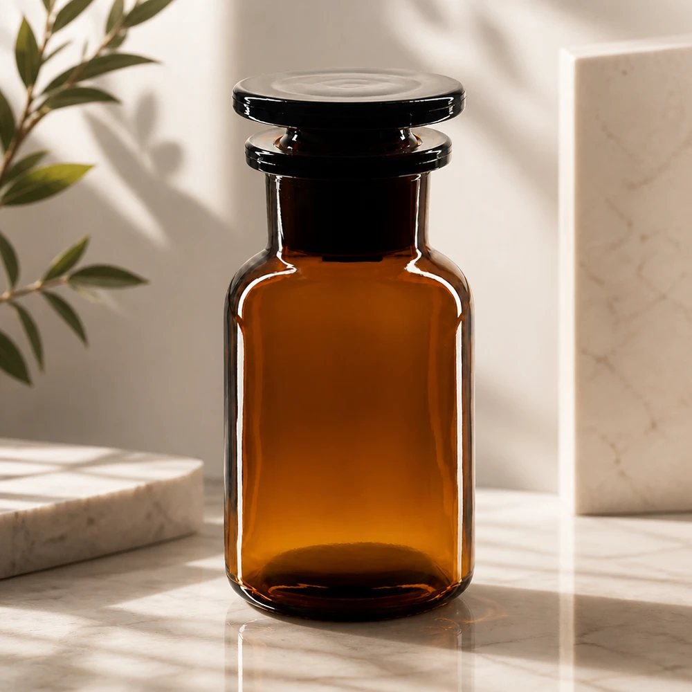Láhev s kulatým ramenem 100ml hnědá se širokým hrdlem skleněná zátka Vintage Apothekerglas 100ml Rundschulter Weithals Stopfen für Kräuter und Gewürze