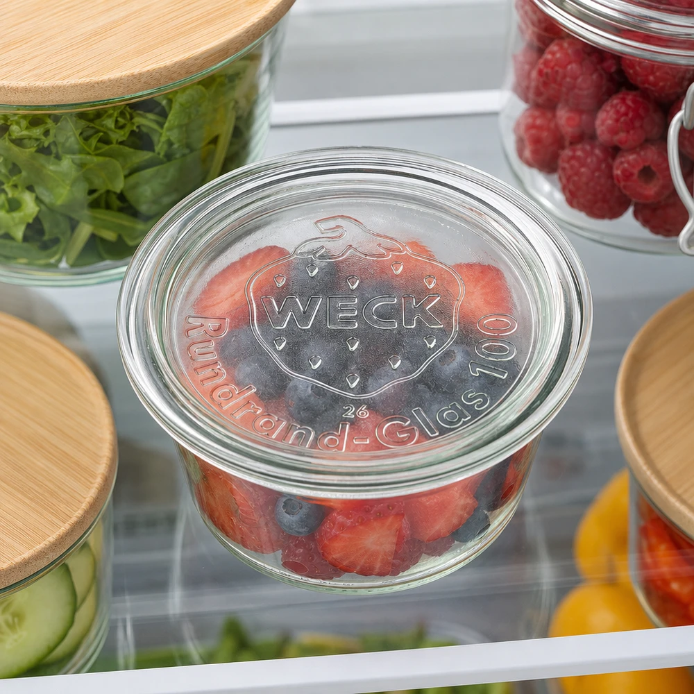 Skleněné víčko WECK RR100 WECK Glasdeckel RR100 im Kühlschrank mit frischen Beeren und Gemüse in Aufbewahrungsgläsern gelagert