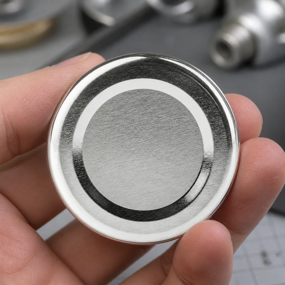Detailní záběr víčka BasicSeal 66 mm, stříbrné, TO66deep, UNiTWIST, lesklý kovový povrch, kulatý tvar