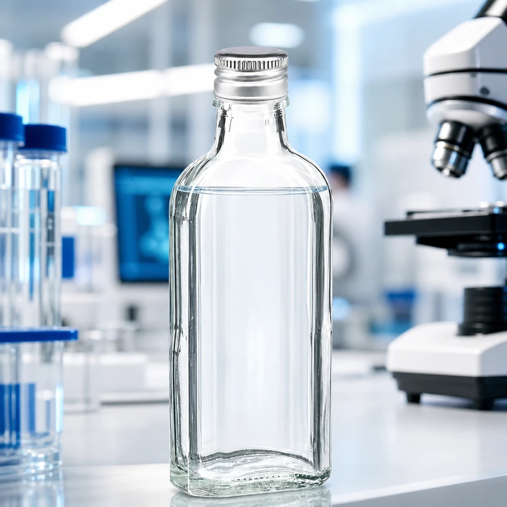Hochwertige 100ml Klarglasflasche Meplat mit silbernem PP22 Verschluss für Pharmazie