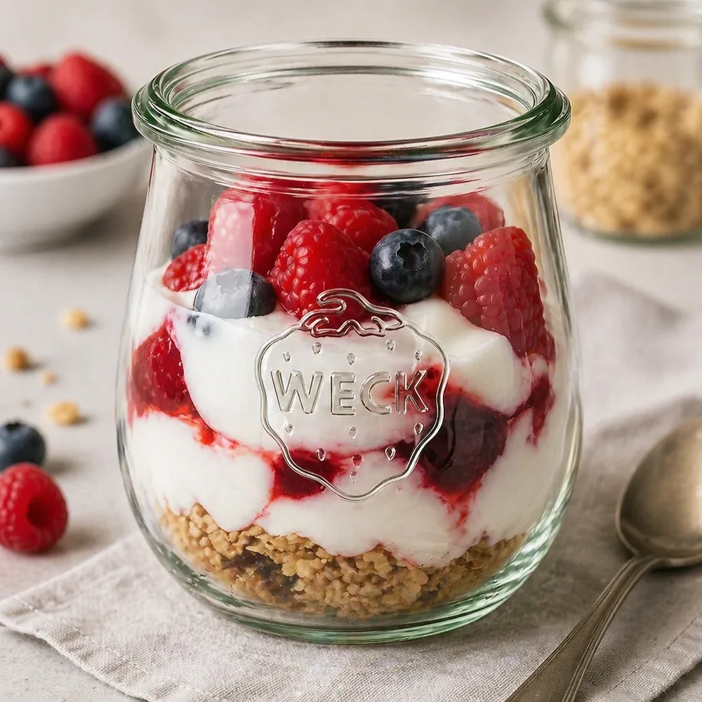220ml tulipánová sklenice WECK RR60 s dřevěným dřevem WECK Tulpenglas 220ml RR60 als Dessertglas mit Joghurt Beeren und Granola für perfekte Portion und Präsentation