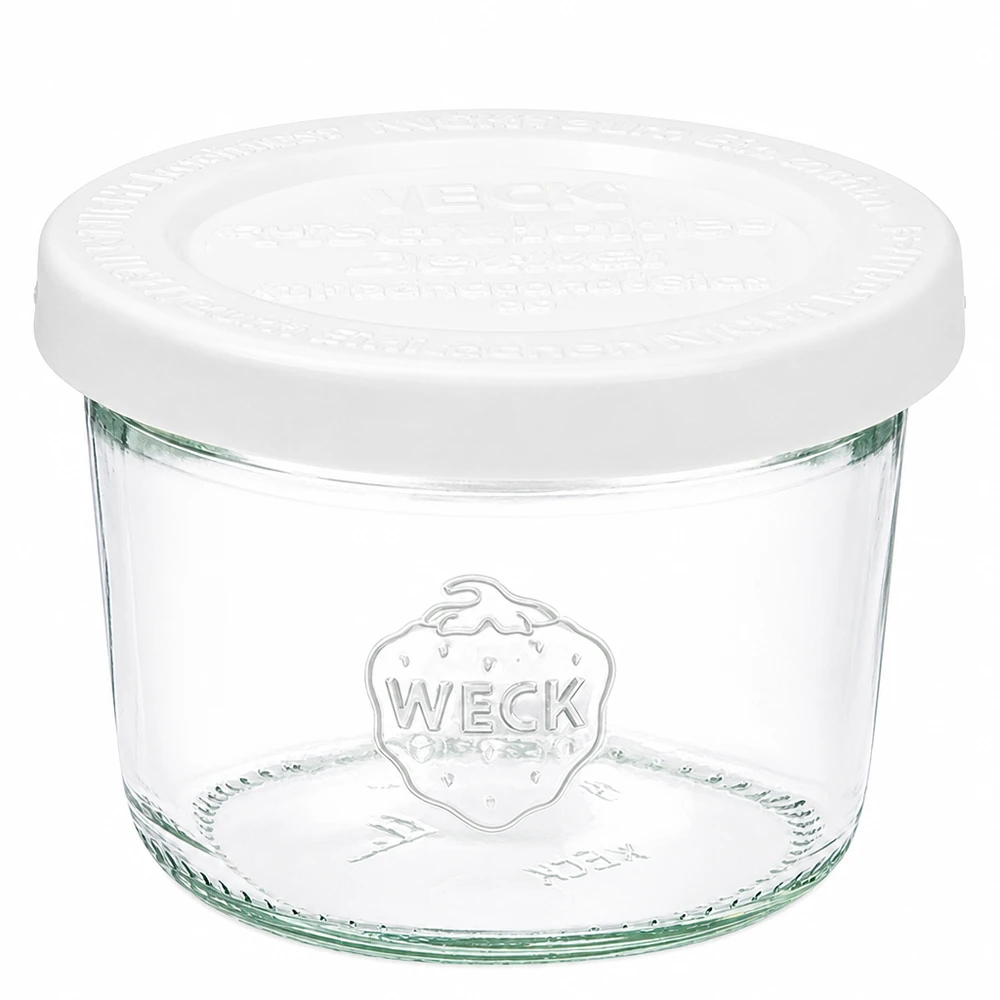 80ml WECK Sturzglas mit weißem Frischedeckel RR60 aus klarem Glas mit WECK Logo für Einmachen und Aufbewahrung