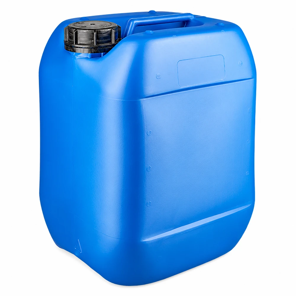 Stapelbarer Kunststoffkanister 10 Liter in Blau mit schwarzem Schraubverschluss Seitenansicht