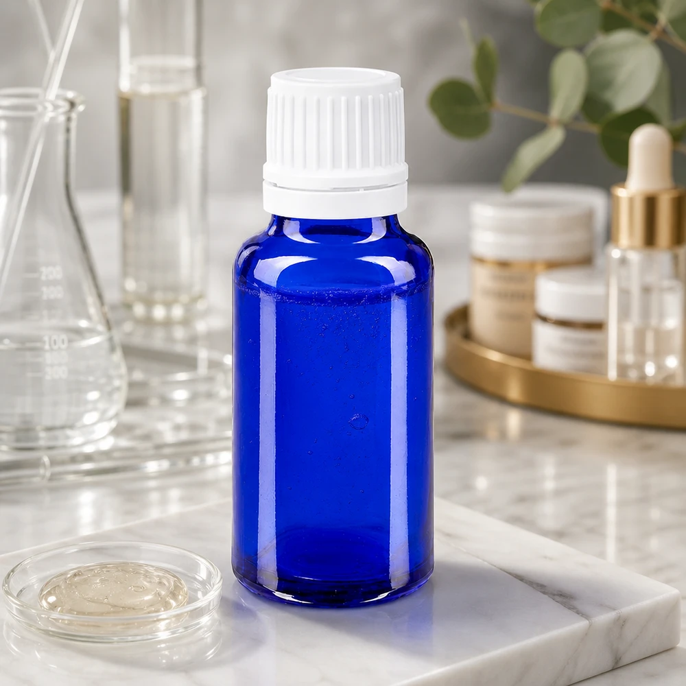 Blaue Apothekerflasche 20ml mit Sicherheitsverschluss für Pharmazeutika auf weißem Marmor