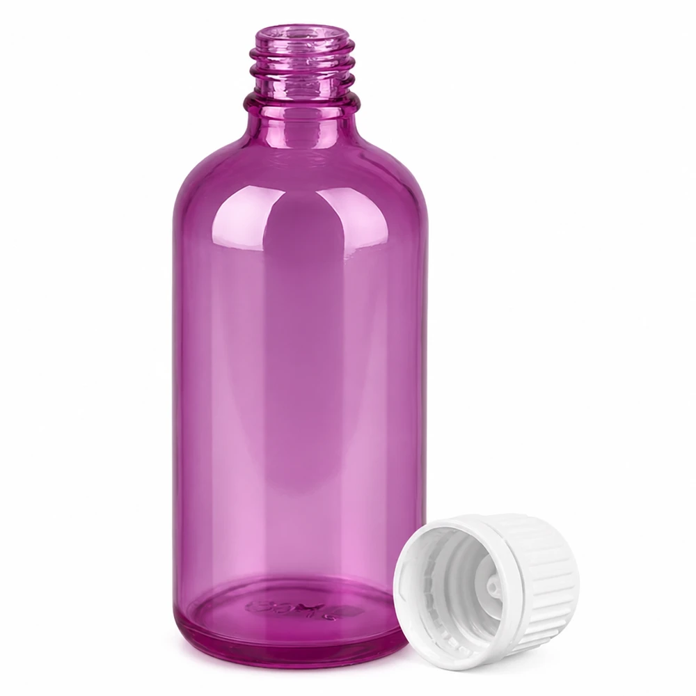 100ml láhev se šroubovacím uzávěrem 11 mm bílá Originální šroubovací uzávěr PurpleLine UT18/100 Elegante purpurfarbene Glasflasche mit gerilltem weissen Deckel perfekt für Laboranwendungen
