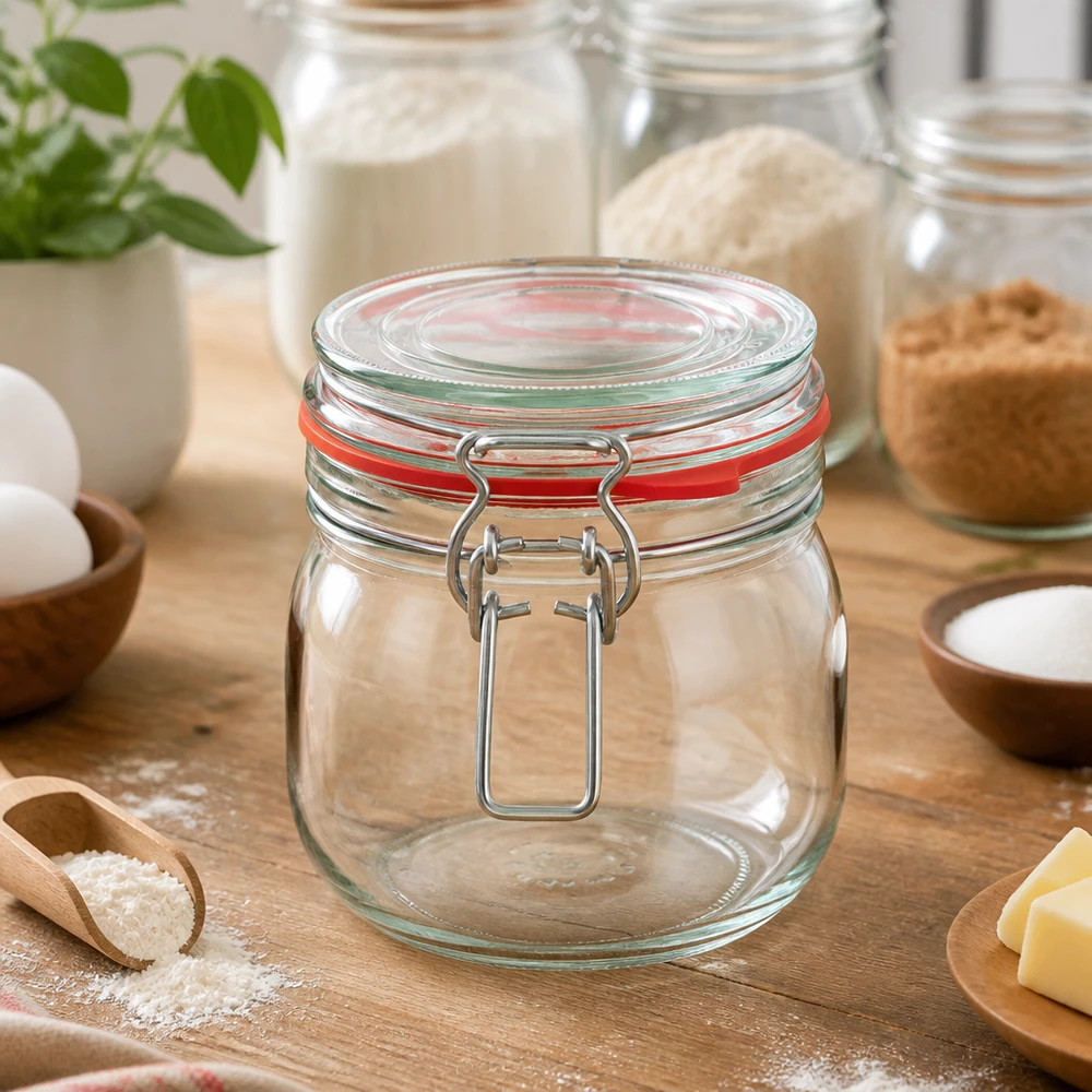 Skladovací dóza o objemu 634 ml s gumovým kroužkem a výkyvným víčkem UNiTWIST. Hochwertiges 634ml Einweckglas mit traditionellem Bügelverschluss für moderne Küchenorganisation