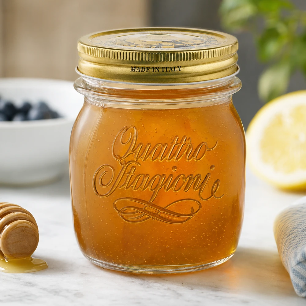 250ml kulatá dóza "Quattro Stagioni" s víčkem 250ml Rundglas Quattro Stagioni mit goldenem Deckel gefüllt mit Honig auf Küchentheke Made in Italy