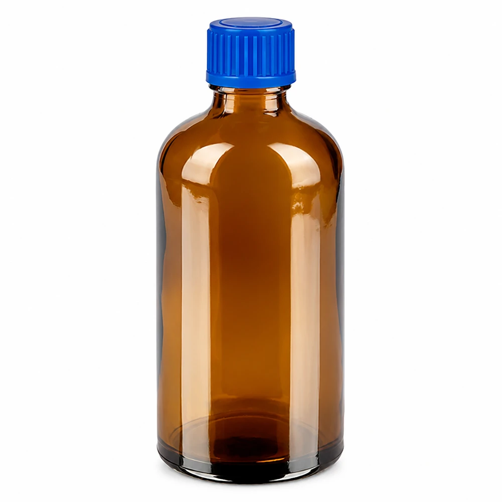 100ml lahvička 11mm šroubovací uzávěr modrá Standard BrownLine UT18/100 Hochwertige Braunglasflasche 100ml mit blauem Verschluss für Labor und Apotheke