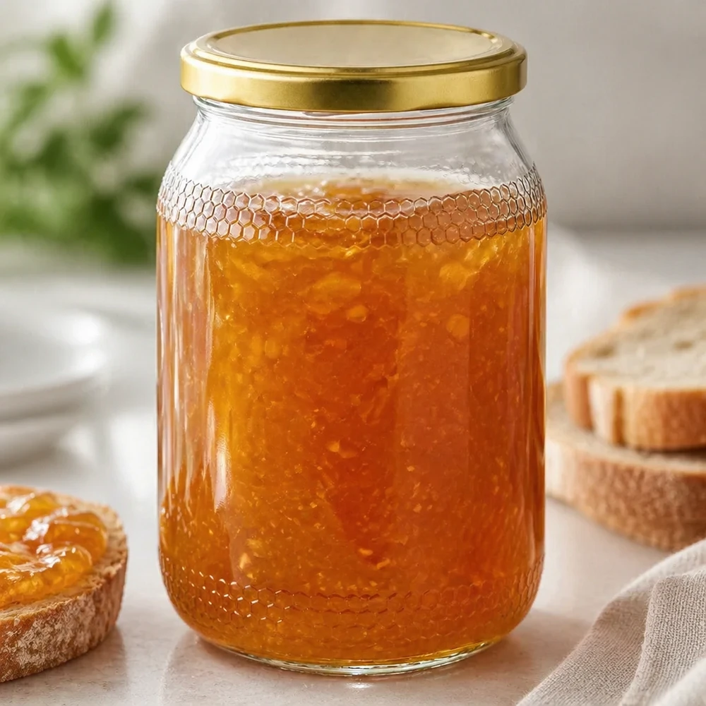 900ml Honigglas gefüllt mit goldenem Honig und Wabe - BasicSeal Deckel gold für authentische Honigpräsentation