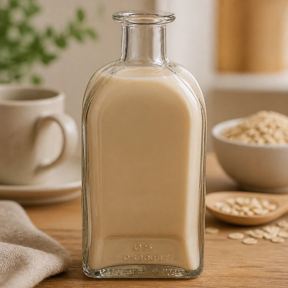 500ml Glasflasche Julia mit cremiger beiger Flüssigkeit gefüllt neben Haferflocken und Tasse in warmer Küchenatmosphäre