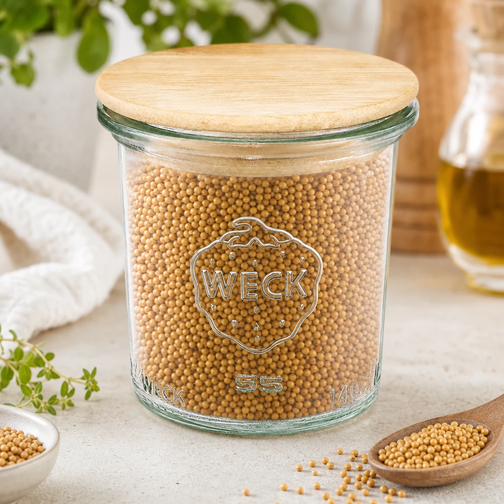 WECK Sturzglas 140ml RR60 mit Sojabohnen gefüllt zeigt vielseitige Verwendung für Hülsenfrüchte und Gewürze