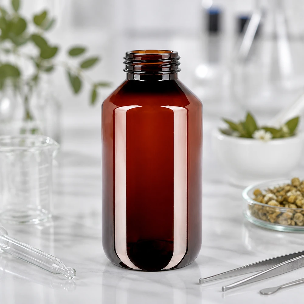 Jantarová PET láhev o objemu 200 ml s bílým vnějším obalem na mramorovém stole vedle laboratorních kleští a pipety